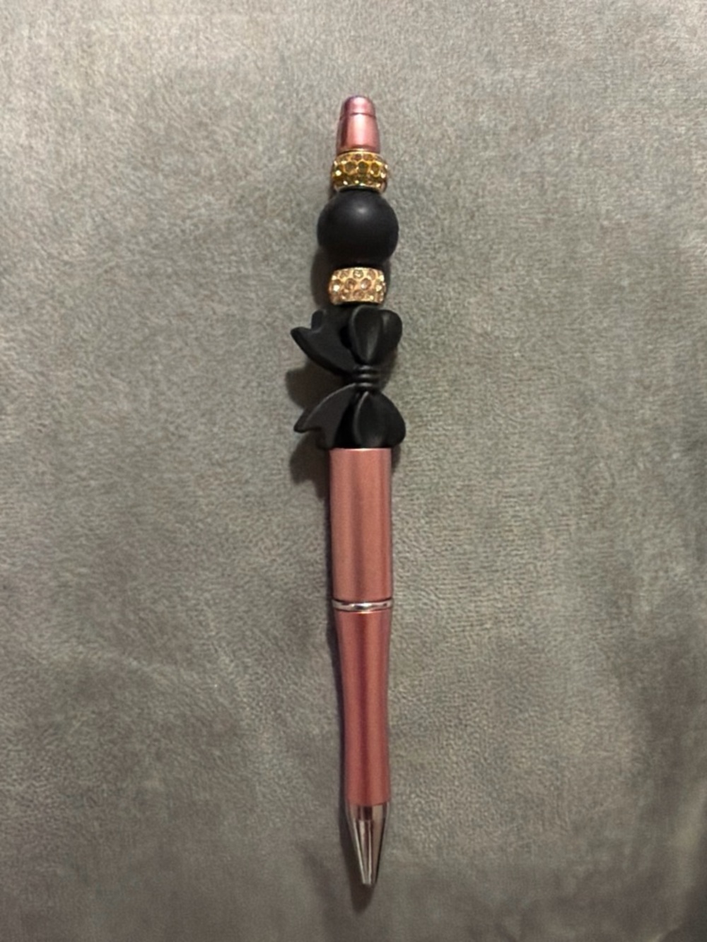 Stylish Rose Gold and Black Beaded Ballpoint Pen with Bow Accent